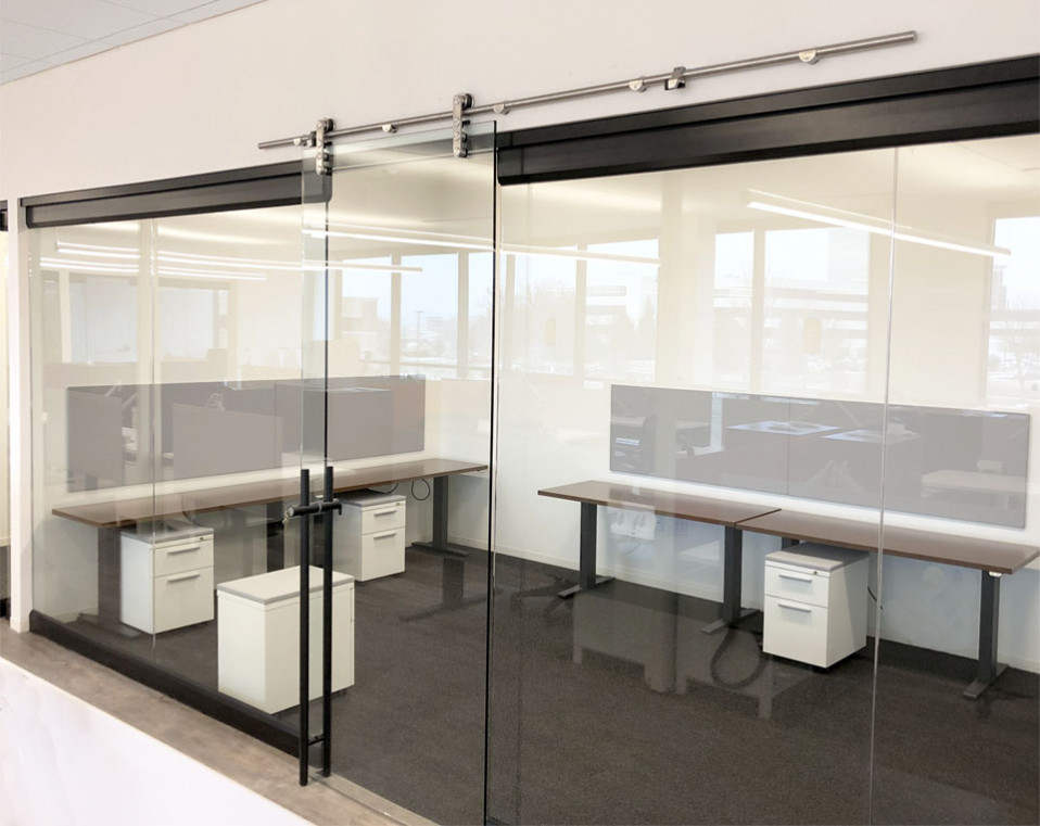 Interior office glass with custom pipeline door slider